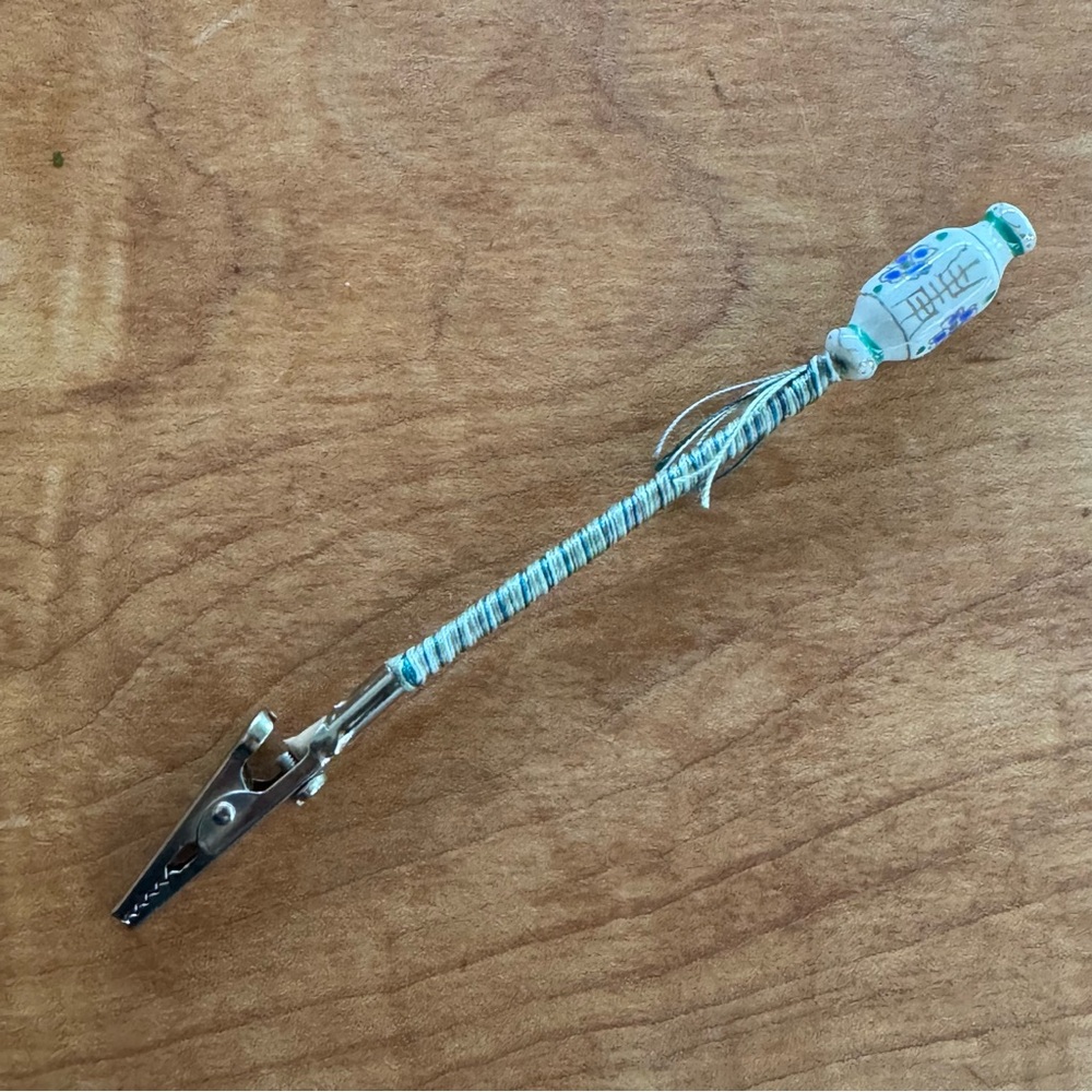 Handcrafted Wrapped with an Asian-Inspired Blue and White Bead Roach Clip